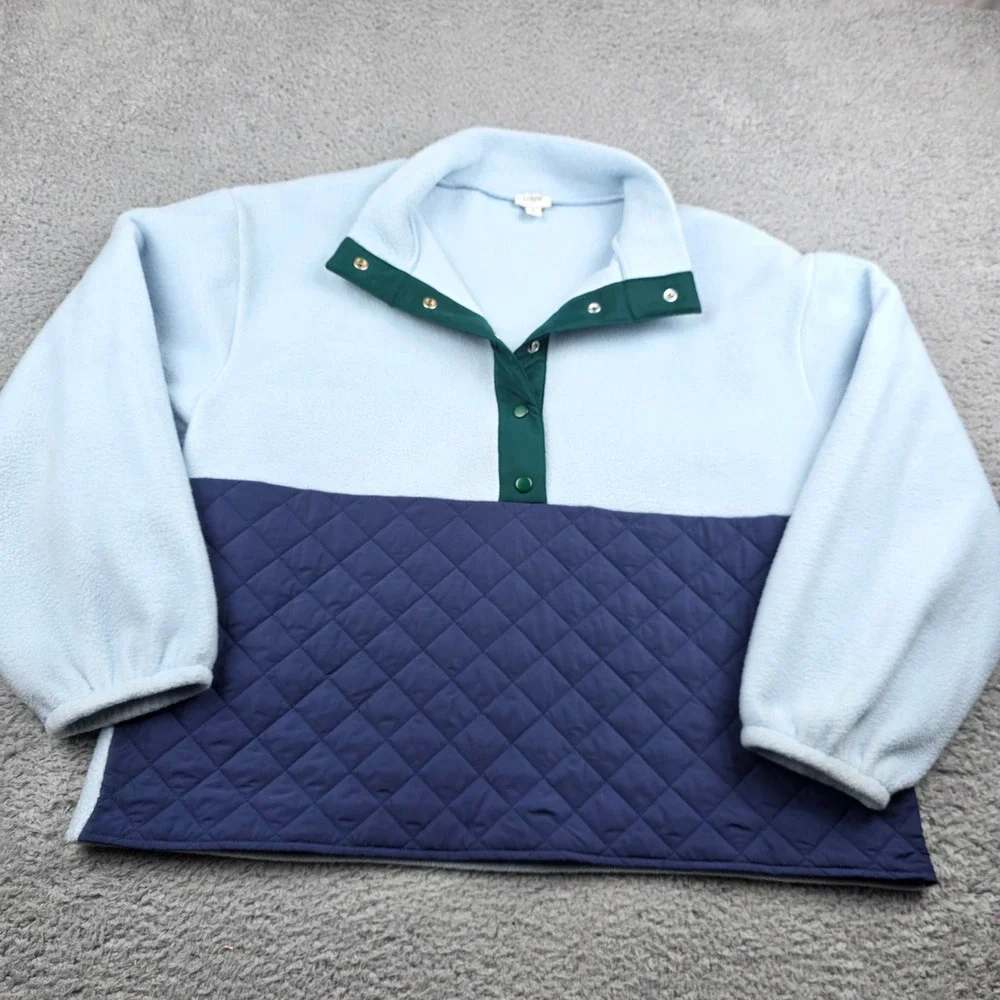 J.Crew Womens XL Fleece Snap Pullover Colorblock‎ Quilted Blue Green
